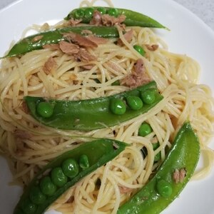 ツナとスナップえんどうの和風スパゲッティ